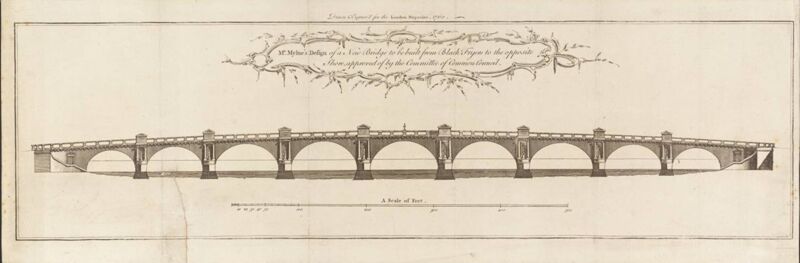 Élévation du pont de Blackfriars sur la Tamise, à Londres, 
par Robert Mylne, approuvée par le conseil en 1760 (Tate Modern, T 11688).