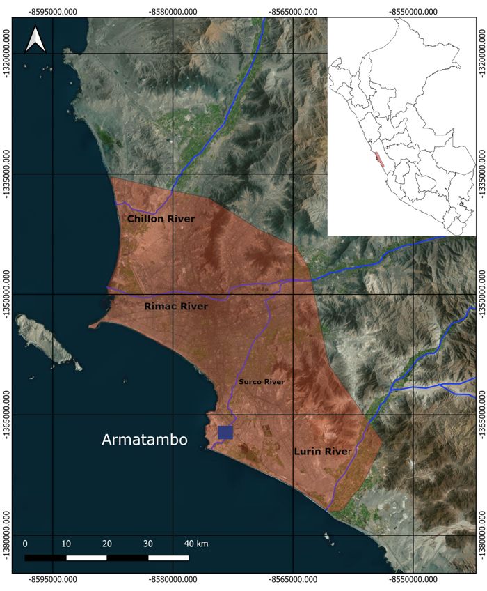 Carte du territoire Ychsma, entre les vallées du Chillón, Rímac et Lurín. En bleu, le site d’Armatambo. Auteur : Dante Pareja. 01/04/2023. 
© Pas d’utilisation commerciale.