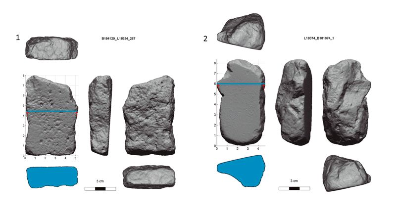 Small handstones from Area G, Tel Dor: 1. Small rectangular handstone recycled from a slab; porous basalt
(Appendix A: B184129); 2. Small irregular, partly modified handstone and polisher; limestone (Appendix A: B181074/1).