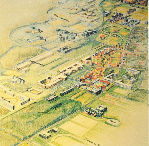 Fig. 3. Illustration du projet de Banlieues 89 pour le campus de Talence-Pessac-Gradignan tel qu’il est présenté lors de l’exposition de février 1984 (Pierre Ferret, « Bordeaux », Urbanisme, 205, janvier 1985, p. 120).