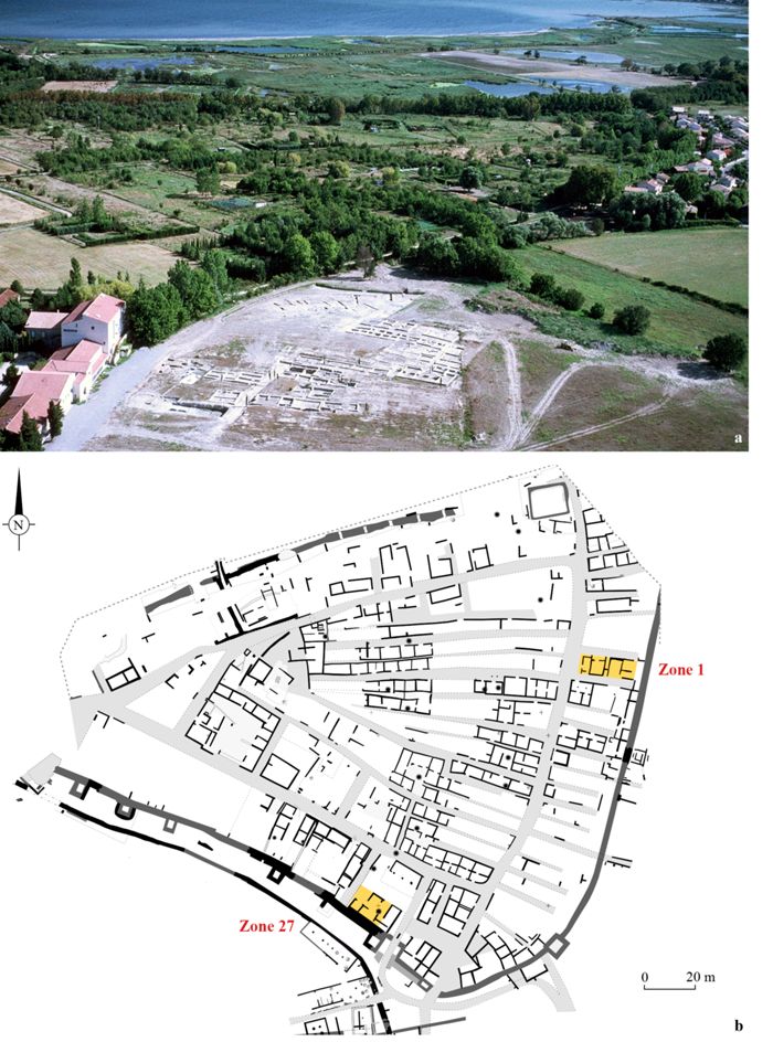 The site of St-Sauveur at Lattes, ancient Lattara. a) Aerial view (© L. Damelet, CNRS/CCJ) and b) excavation map indicating the two deep excavations (Zones 1 and 27) which brought to light the earliest Etruscan levels.