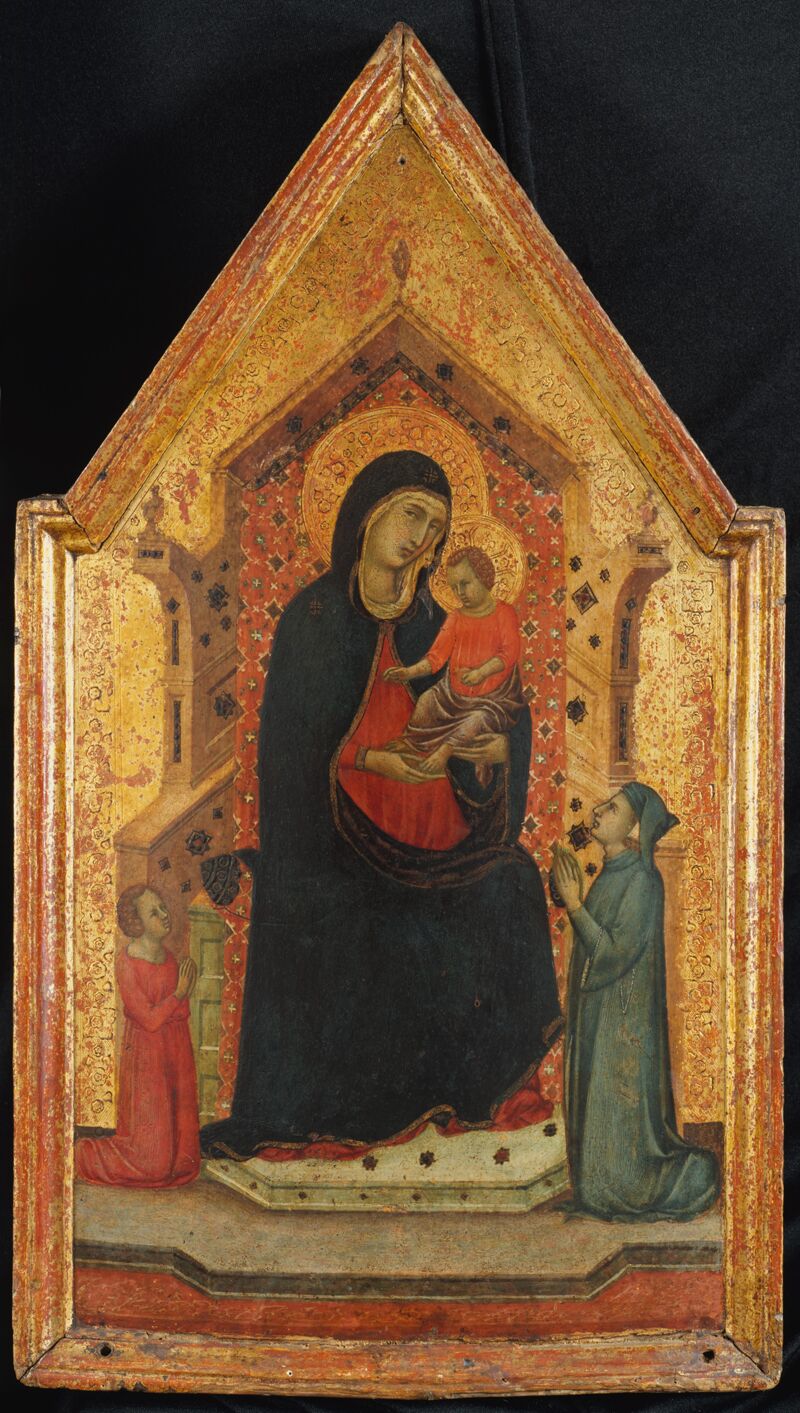 Sienese painter, Madonna and Child enthroned with two donors, 1315-1330 ca., tempera and gold on wood, 52.7 x 29.8 cm, New York, Metropolitan Museum, Robert Lehman Collection (public domain).