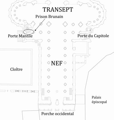  Plan de la cathédrale Notre-Dame de Tournai, localisation de la prison Brunain et des principales portes d’accès à l’édifice. (DAO : F. Mariage)