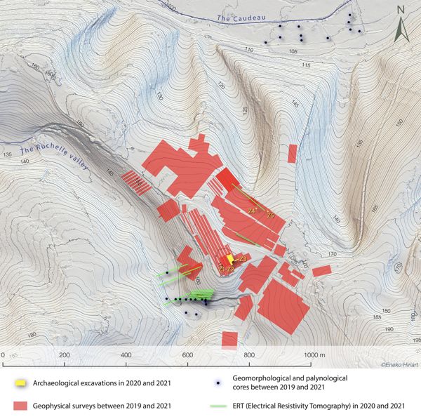 Towards an integrated approach of La Peyrouse. Synthetic map of geophysical surveys, coring and excavations (2019 to 2021) (E. Hiriart).