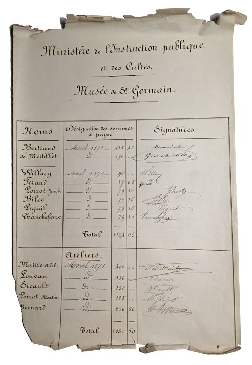 Traitement du personnel du Musée de Saint-Germain pour le mois d’avril 1871. MAN, centre des archives, fonds Organisation générale, 2019008/3.