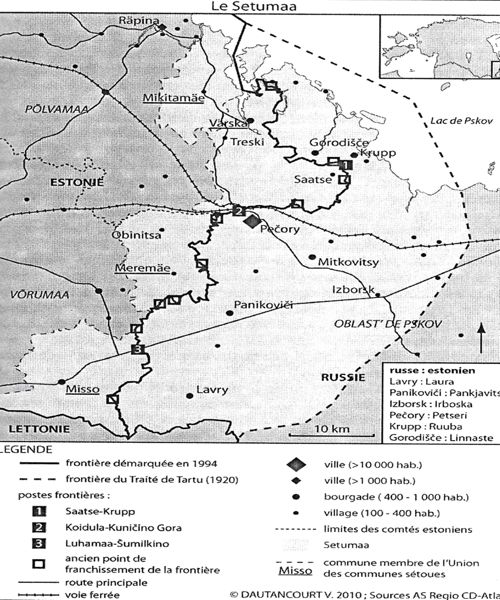 Frontière Estonie-Russie et le territoire seto (Dautancourt 2010 : 163).