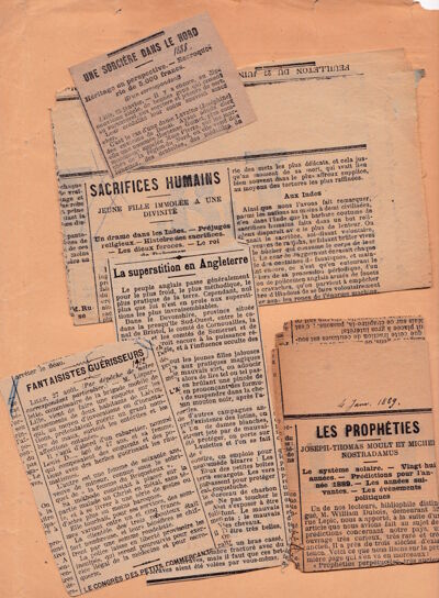 b. Coupures de presse rapportant des pratiques magico-religieuses, 
culture populaire (Nachlaß Mortillet D 111) 