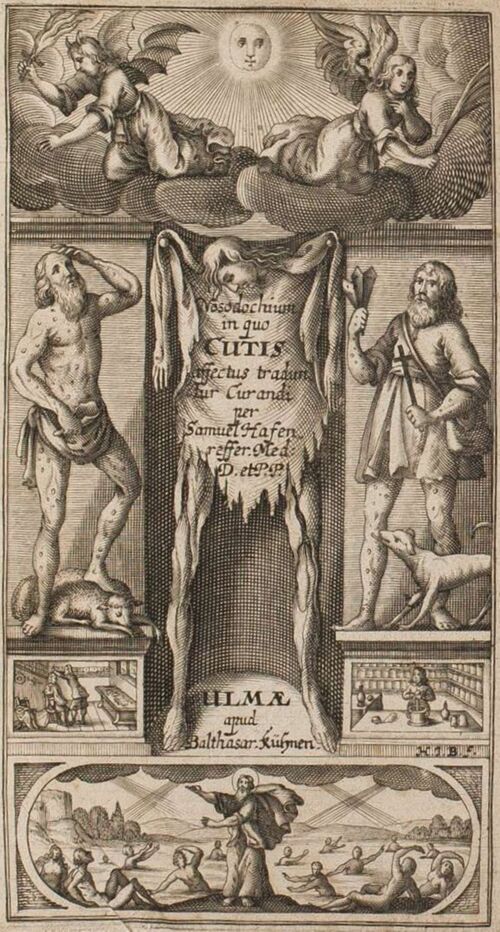  Frontispice gravé pour Samuel Hafenreffer, “Nosodochium, in quo cutis eique adhaerentium partium affectus”, Ulm, 1660.