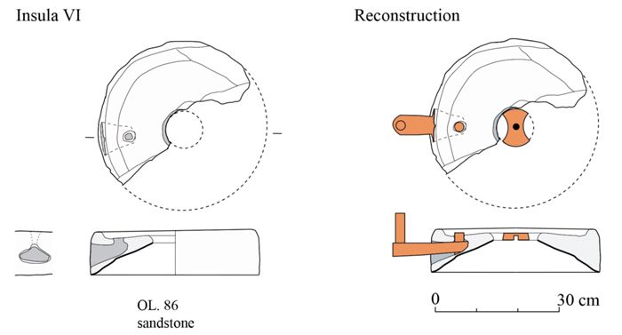 Reconstruction of the fittings of a sandstone rotary quern catillus (86, SU 61491) from Olbia with a handle hole of triangular section ending in an elbow shaped shaft
attaining the upper face, (Jaccottey & Cousseran-Néré 2017).
