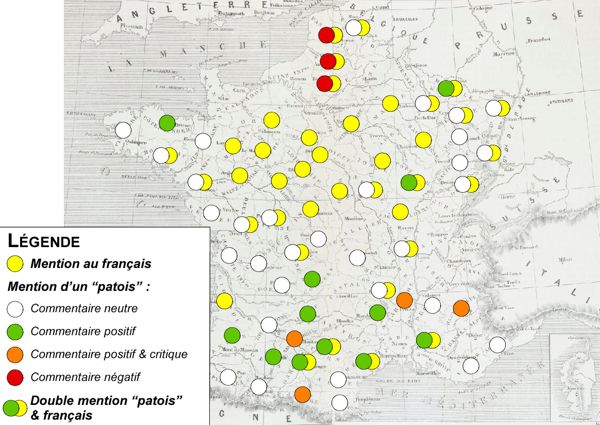 Carte de localisation des départements bénéficiant d’une mention relative à la pratique du français et/ou d’un « patois » et type de commentaire se rapportant à ce dernier. Auteur : Lionel Dupuy, 2024.