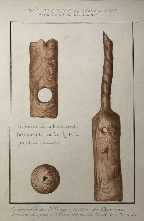 Guégan, P. (s.d.) : Instruments en fer de Saint-Forget, planche de dessins à l’aquarelle. MAN, centre des archives, fonds Paul Guégan, 2019004/8, fasc. Saint-Forget.