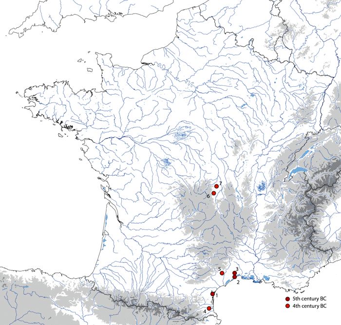 Map of the spread of the rotary querns in France throughout the 5th and 4th centuries BC. 1. Sigean, Pech Maho, 450-400 BC (Gailledrat & Solier 2004); 2. Lattes, Lattara, 425-300 BC (Raux 1999; Jaccottey et al., this volume); 3. Castelnau-du-Lez, 475-400 BC (Jaccottey et al., this volume); 4. Perpignan, Ruscino, 5th-4th c.BC (Gailledrat et al. 2014; Longepierre 2014); 5. Clermont-l’Hérault, Oppidum de la Ramasse 5th-4th c. BC
(Garcia 1993; Reille 1995); 6. Gerzat, Au Grand Navarre, 400-350 BC (Mennesier-Jouanet 2013);
7. Artonne, La Mothe, 400-350 BC (Mennesier-Jouanet 2013).