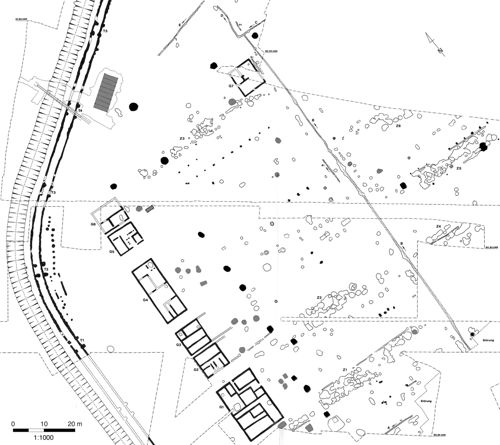 Les baraquements d’Oberaden (d’après Kühlborn 1992, Beilage 2). Les fosses en gris clair sont les latrines, les puits sont indiqués par des taches noires. Les fours, en revanche, 
ne sont pas identifiés ici. Ils peuvent, comme à la Saalburg, être installés au revers du rempart.
