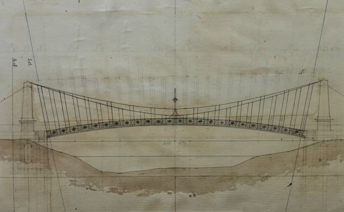Premier projet de pont « en fil de fer » franchissant la Charente à Tonnay-Charente, anonyme, 1826 (Archives départementales de Charente-Maritime, S 7189).
