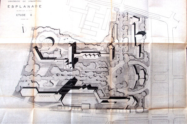Fig. 8. Étude n° 6 pour le secteur du campus de l’Esplanade (novembre 1959). R. Hummel architecte (Archives de la Ville et de l’Eurométropole de Strasbourg, 481W40).