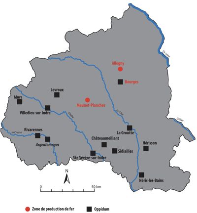 Localisation des zones de production du fer 
d’Allogny et Meunet-Planches.