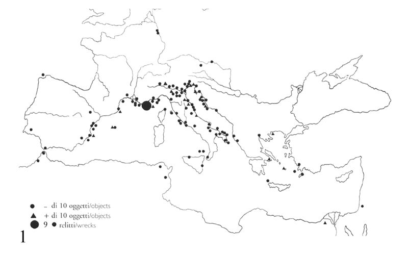 Carta di distribuzione delle anfore adriatiche tardo-repubblicane: 1) Lamboglia 2 (da Cipriano & Carre 1989); 2) ovoidali brindisine prodotte ad Apani (da Palazzo 2013).
