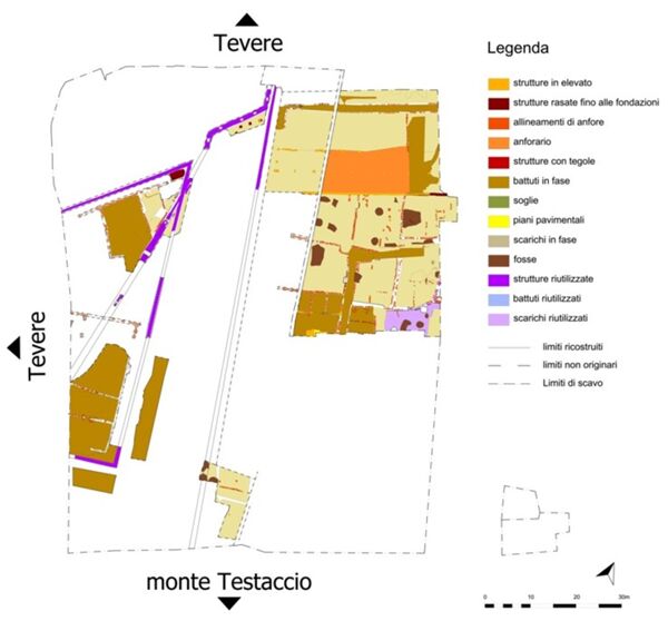 Nuovo Mercato Testaccio. Pianta dei livelli primo-imperiali: 
1) prima fase; 2) seconda fase (Soprintendenza 
Speciale Archeologia Belle Arti e Paesaggio di Roma).