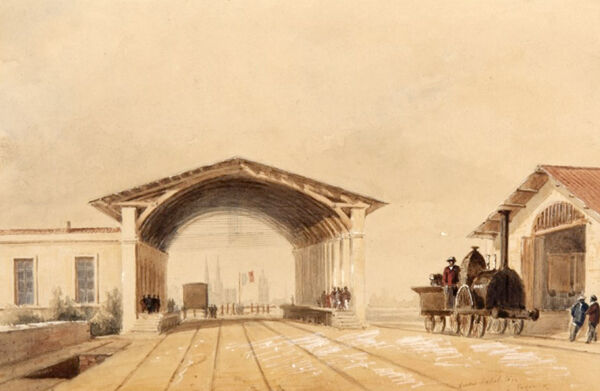 Fig. 5. La gare de Ségur, construite proche de l’actuelle cité universitaire, dessin de Gustave Lavat, 1854 (Musée des Beaux-Arts de Bordeaux, M 810).