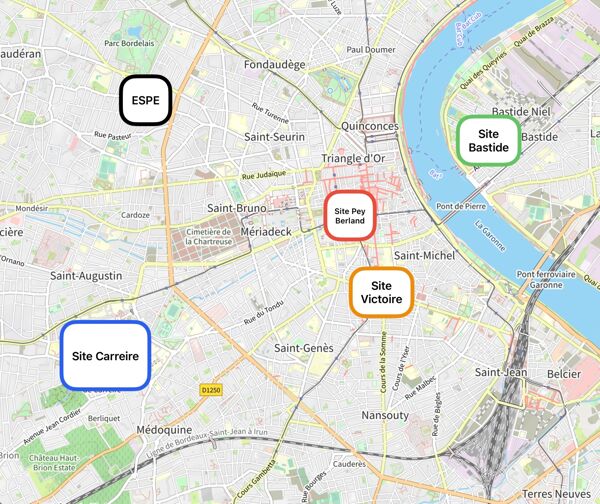 Fig. 1. Carte d’implantation, université de Bordeaux (2024) : les « campus bordelais » (fond de carte OpenStreetMap ; ajouts, Alexandre Frambéry-Iacobone, février 2024).