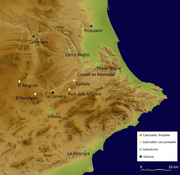 Map indicating the position of La Cervera and the nearest outcrops of calcirudite and igneous rocks that could have served to produce the different types of mills (map base: ICV).