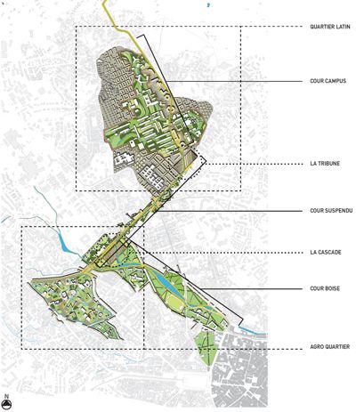 Fig. 10. L’université structure la ville. Plan d’ensemble (PRES Sud de France, concours U&U, groupement MVRDV, L. Viala et al. 2010).
