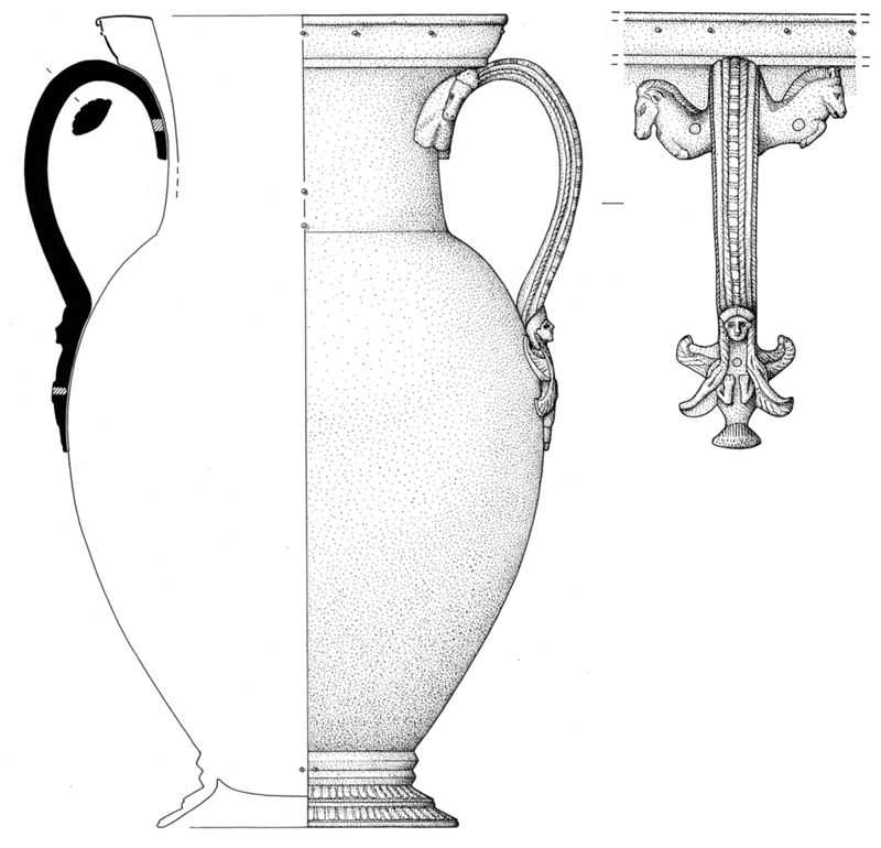  Amphore étrusque en bronze de Conliège, avec détail de l’anse (dessins M.-N. Baudrand, d’après Chaume 2004).