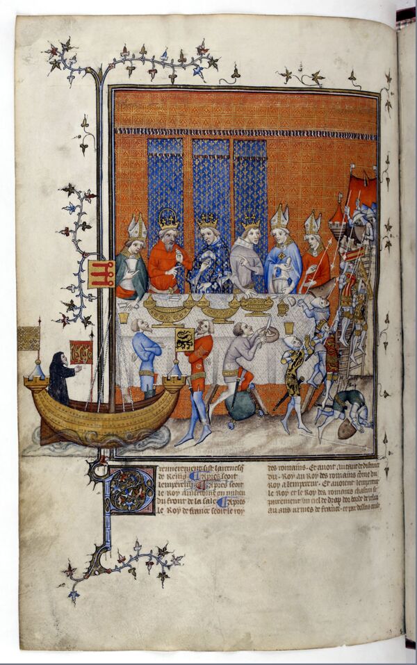 Feast offered by Charles V, king of France, to the emperor Charles IV. Paris, BnF, ms fr. 2813, fol. 473v (Grandes Chroniques de France), late fourteenth century