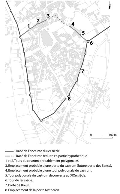 La Ville haute dans l’Antiquité tardive avec l’enceinte du Haut-Empire et, au nord, l’enceinte réduite. © S. Balcon-Berry sur plan cadastral numérisé en 2001 de la Ville d’Autun.