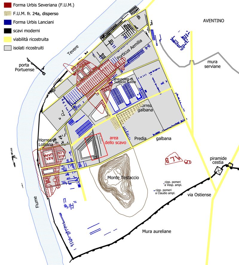 Restituzione della piana subaventina in età romana 
con l’area di scavo del Nuovo Mercato Testaccio (da Contino 2022).
