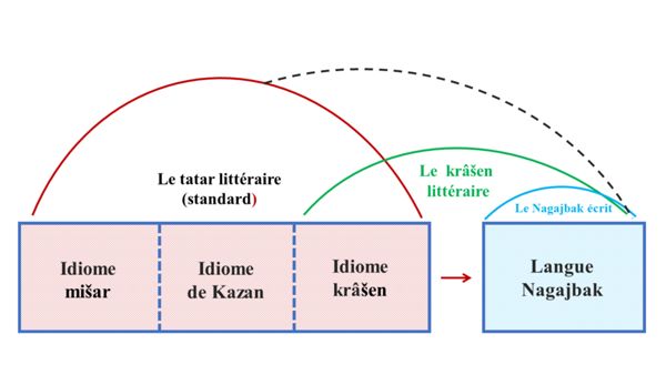 Rapport entre les formes standard (littéraires) et dialectales du continuum linguistique tatar (réalisé par S. Moskvitcheva).