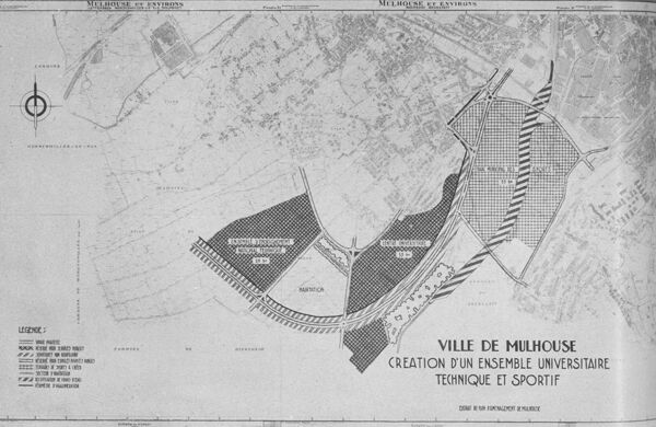 Fig. 3. Premières intentions de répartition des zones de l’ensemble universitaire, technique et sportif de Mulhouse, sur un terrain de 150 ha (BSIM, 691, 1958/2, p. 106).