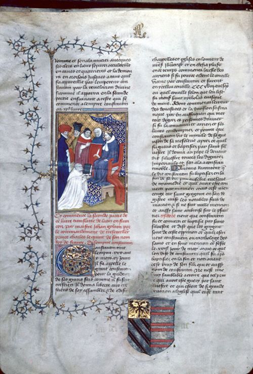 Gonsalve de Hinojosa, trad. Jean Golein, “Chroniques de Burgos”. Paris, vers 1400-1405. Besan-çon, Bibliothèque municipale, manuscrit 1150, fol. 2v.