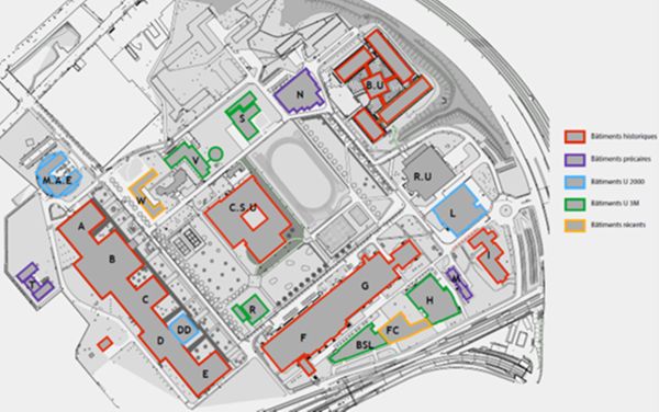 Fig. 11. Les bâtiments universitaires et leurs périodes de construction en 2017 (Direction du Patrimoine, Université paris Nanterre.