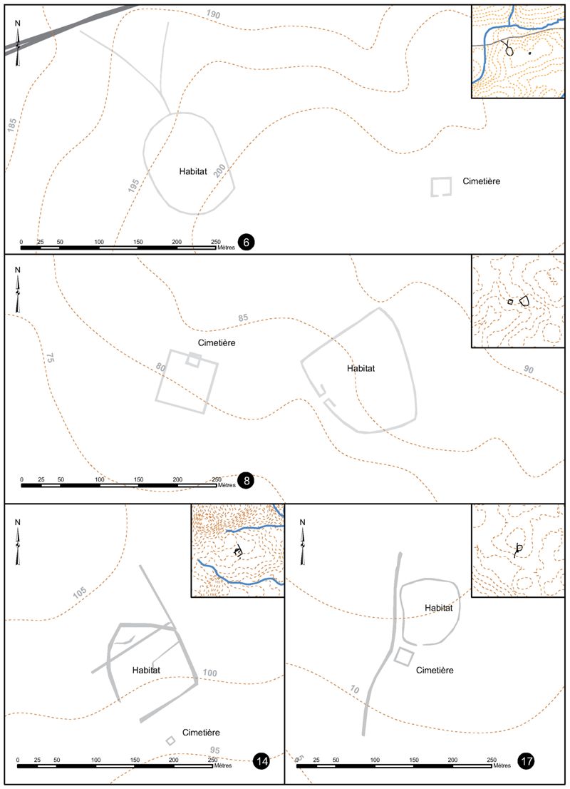  Plans des sites fouillés ou découverts lors de prospections aériennes associant habitats et nécropoles encloses de la fin du Premier et du début du Second âge du Fer (SIG : T. Lorho) : 3. Paule, Saint-Symphorien ; 16. Moustoir-Remungol, Kermaux (Naas n°17, in : Leroux et al. 1999) ; 12. Locmalo, Kerbellec (Naas 1990) ; 18. Saint-Étienne-du-Gué-de-l’Isle, La Motte (Gautier 2000) ; 13. Noyal-Pontivy, Kerio (Naas 2001) ; 5. Canihuel, Poulorvan (Gautier 1996). Les numéros de sites correspondent à ceux de la figure 1.