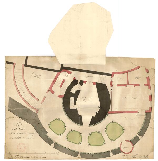 Fig. 8. Amphithéâtre de chirurgie, dessin de Nicolas Portail, 1743, plan avec le sous-sol (AMN II 158/68).