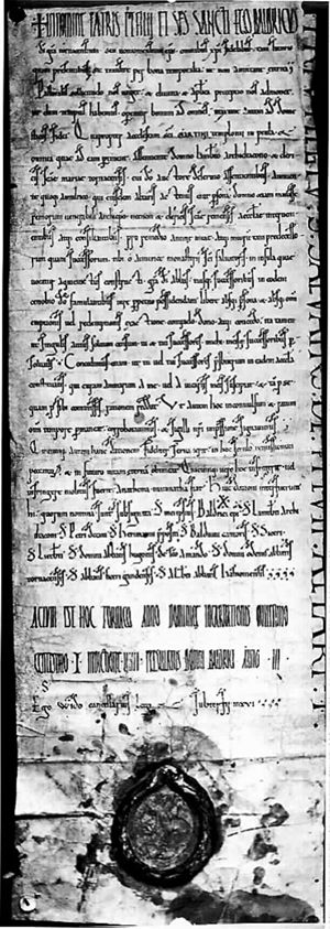 Chirographe de Baudry, évêque de Noyon-Tournai en faveur de l’abbé d’Anchin, 1101. Lille, Archives départementales du Nord [AD], 1H 34/384.