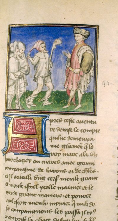 Tristan fou face au roi Marc © MS.Paris,  BN.fr  97, 140 recto, I, l.1-11.