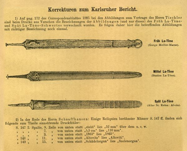 Partition chronologique des épées de l’époque de La Tène selon Otto Tischer (1885, feuillet de correction).