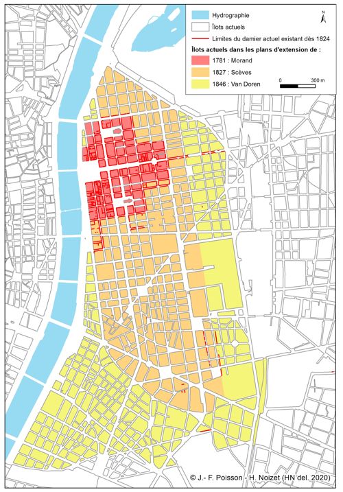 Plans d’extension autorisant l’urbanisation de la rive gauche du Rhône à Lyon (© J.-F. Poisson et H. Noizet, 2020).