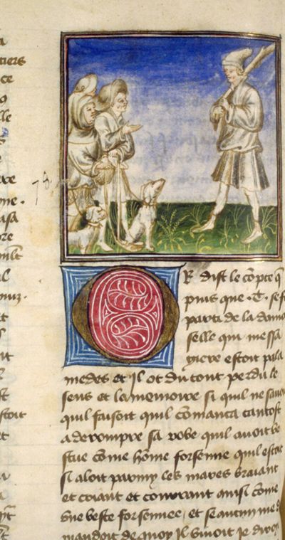 Tristan fou face aux bergers dans la forêt du Morrois, © MS.Paris,  BN.fr  97, 136 verso, II, l.1-11.