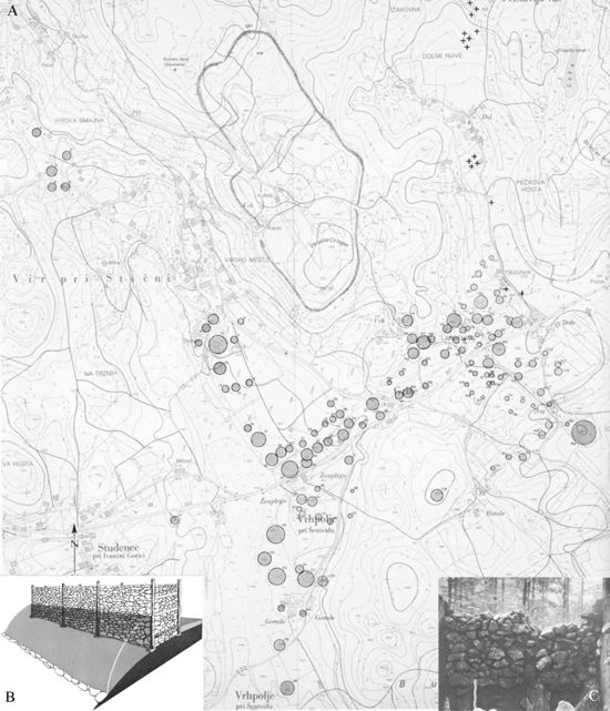Stična: A. map of the hillfort of Cvinger above Vir near Stična with surrounding clusters of tumulus cemeteries, <b>B.</b> reconstruction of the stone wall of the so-called Stična type fortification, <b>C.</b> trench X at the hillfort of Cvinger; photograph of the stone wall, built in drystone technique, together with a niche for wooden post, which can be seen in the middle of the photograph (after Gabrovec 1994, fig. 26, 105, 135 a). »></a>
<figcaption style=