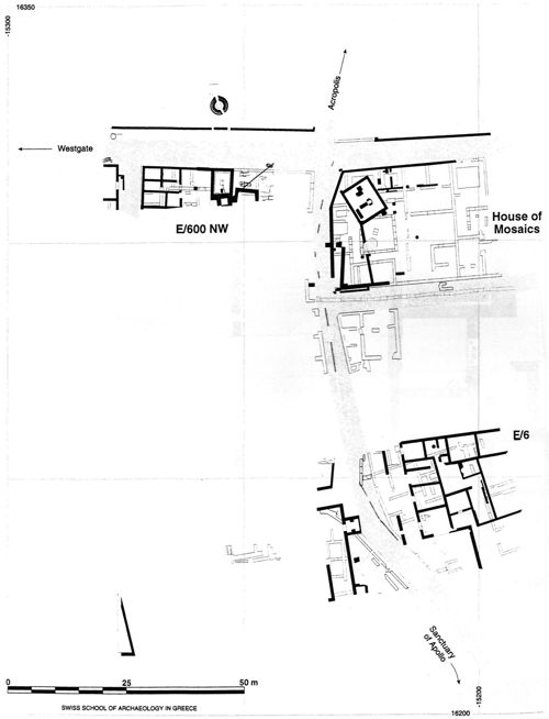 Érétrie, plan des structures romaines sur le talus sud de l’Acropole (Schmid 1999, 274).