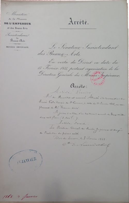 Arrêté de nomination de Gabriel de Mortillet comme attaché à la conservation du Musée gallo-romain de Saint-Germain, 3 janvier 1868. Archives nationales, 20150497/121.