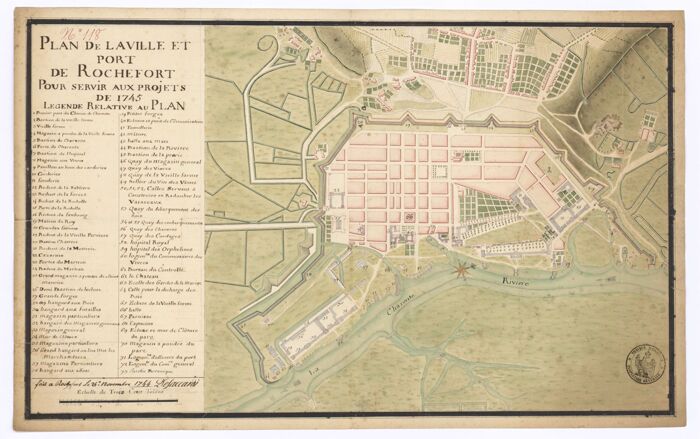 Plan de la ville et du port de Rochefort pour servir aux projets de 1745, 
Jean-Jacques-Emmanuel de Saccardi, 1744 (Service historique de la Défense, site de Vincennes, DD 2 708 I 14).

