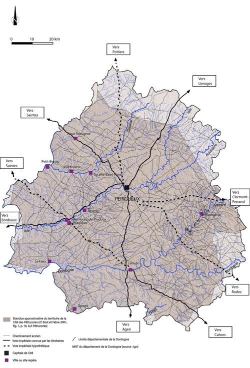 Carte de la Dordogne représentant l’étendue approximative du territoire des Pétrucores, les sites antiques notoires, les cheminements anciens et les voies. V. Elizagoyen, C. Fondeville, 2022, Inrap, à partir des données Ign, SRA Nouvelle-Aquitaine et Bost et Fabre 2001, ILA Pétrucores.