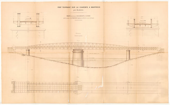 Plan, élévation et coupes du projet de pont tournant sur la Charente, à réaliser à Martrou, Hildevert Hersent et Conrad Zschokke, ingénieurs, 1876 (Archives départementales de Charente-Maritime, S 1109). 
