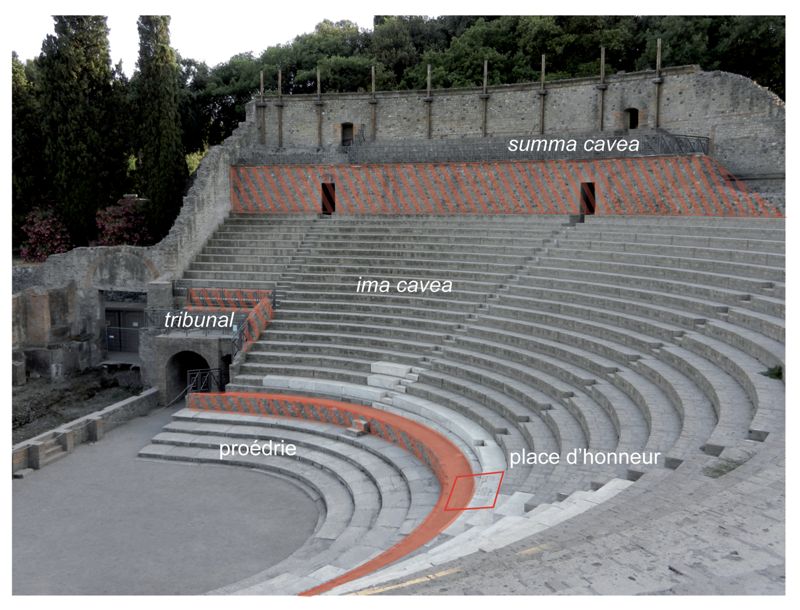 Vue de la cavea du grand théâtre avec les différentes zones créées 
à l’occasion de la rénovation financée par les Holconii