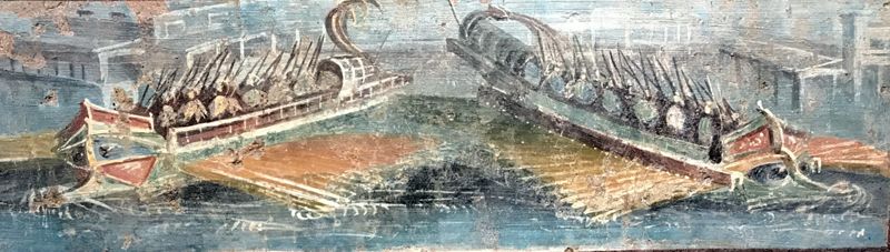 Peinture figurant une bataille navale (Pompei, tempio di Venere). Photo de l'auteur.