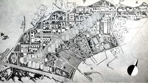 Fig. 2. Plan du domaine universitaire Talence-Pessac par Louis Sainsaulieu, version 1963 (CNAM/SIAF/CAPA Archives d’architecture du XXe siècle, fonds DAU 133 IFA 225/1).
